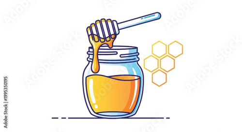 Vibrant illustration of golden honey in a glass jar with a dipper and honeycomb design for natural