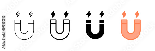 Set of minimalist magnet icons with transparent background, depicting magnetic field symbols, attraction, physics, and data pull, vector illustration