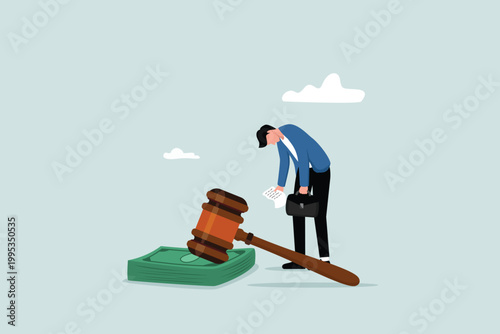 Penalty fines to pay for violations of the law, fees and penalty notices, traffic fee bill concept, sad man holding a fine notice letter with a legal hammer on a pile of banknotes.