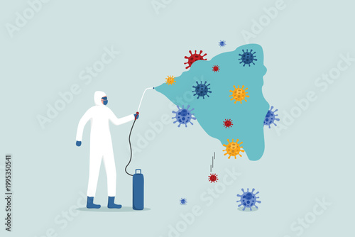 The concept of disinfection, cleaning and killing of viral pathogens to prevent the spread of outbreaks, workers with personal protective equipment spray cleaning and sanitizing chemicals to disinfect