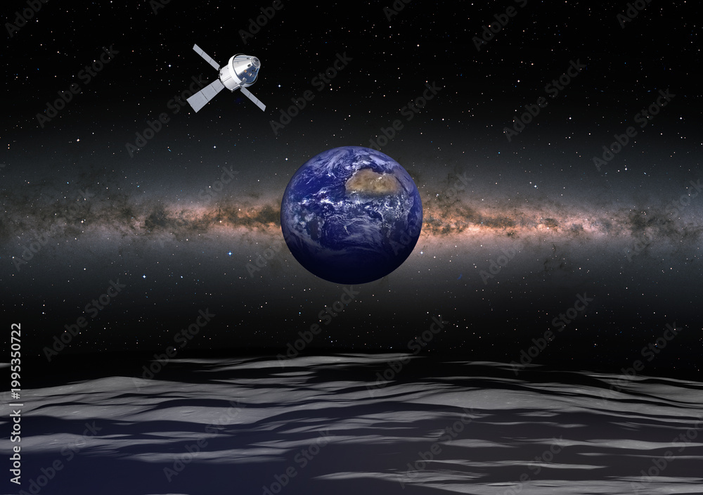 Fototapeta premium Orion spacecraft flight in space on orbit of moon. 