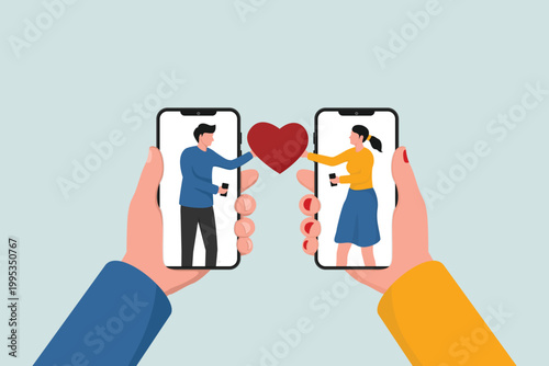 Mobile online dating app, using digital dating services to find lovers, young millennial couples' men and women use smartphone apps and show romantic feelings.