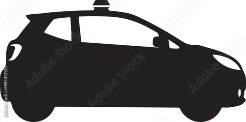 Black car silhouette, taxi vehicle icon, side view, simple illustration, transportation symbol