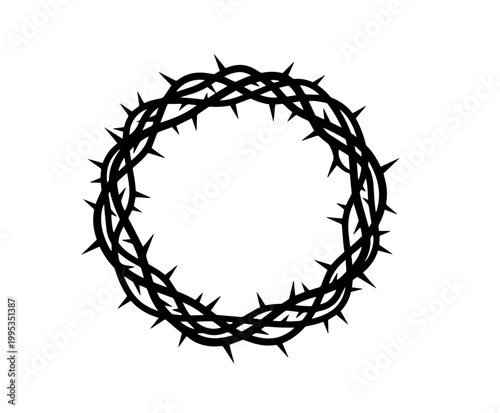 A pure black silhouette of a woven crown of thorns features intricately intertwined vines and sharply pointed spikes against a solid white background, symbolizing profound sacrifice and enduring pain