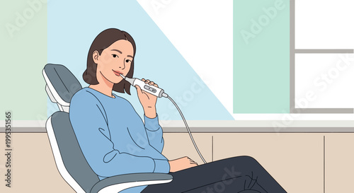 Patient undergoing dental scanning procedure with handheld device