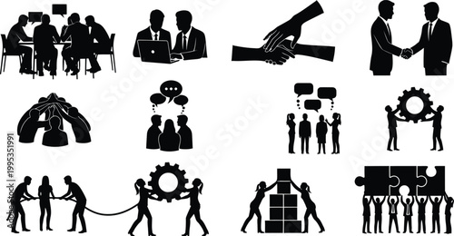 Teamwork and collaboration icons for business and projects with problem solving teamwork business