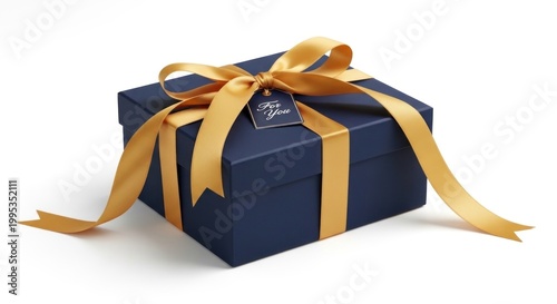 A navy-blue gift box adorned with a vibrant golden ribbon tied in a bow