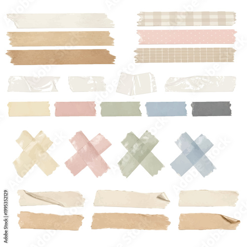Quadro em tela Aesthetic set of decorative tape elements featuring torn paper textures, washi tape strips, and adhesive overlays in soft pastel and neutral tones