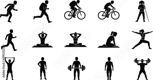 Minimalist flat design vector set showcasing various fitness and exercise activities, ideal for health, wellness, sports, and lifestyle marketing materials.