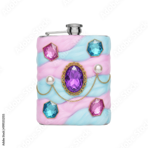 A colorful and ornate flask with jewels on transparent background
