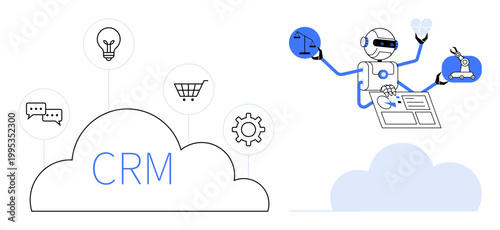 Business integration, automation, CRM systems, cloud computing, AI technology, customer management. Cloud-based CRM and robot performing tasks. Business integration and automation concept