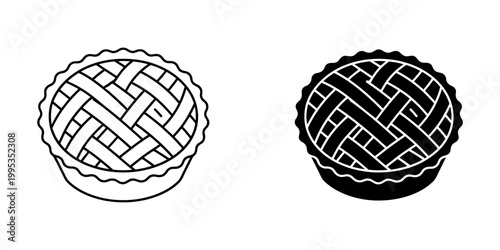 Whole lattice crust fruit pie vector icon set featuring line art and glyph styles for homemade bakery design culinary themes autumn festivals thanksgiving celebrations and traditional dessert menus.