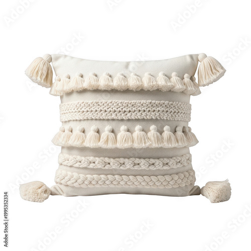 A decorative white pillow with tassels on transparent background