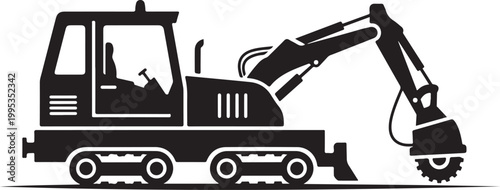 Black excavator silhouette, heavy machinery icon, construction equipment vector, industrial digger