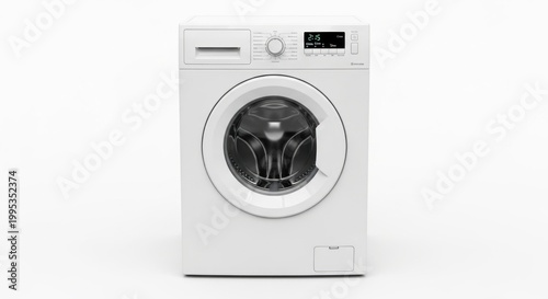 A front-loading washing machine with a white finish and digital display