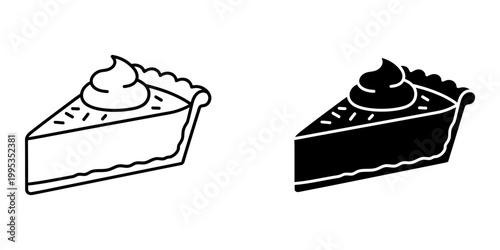 Pumpkin pie slice icon with whipped cream topping in line and solid styles for autumn holiday decorations thanksgiving dinner planning seasonal cafe menus and festive bakery shop branding tools.