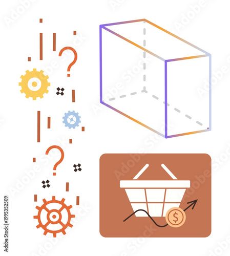 Business solutions, online shopping, market research, analytics, strategy, growth. Gears, question marks box diagram and shopping cart with upward arrow. Business solutions and online shopping