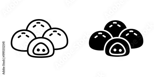Mochi rice cake icons set in thin outline and solid silhouette style featuring traditional japanese sweets for asian cuisine menu design flat vector illustration isolated on white background paper.