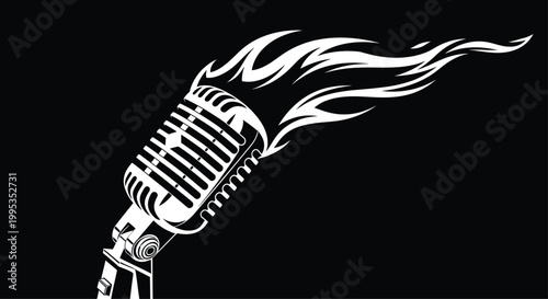 Vintage Microphone with Flames on Black Background