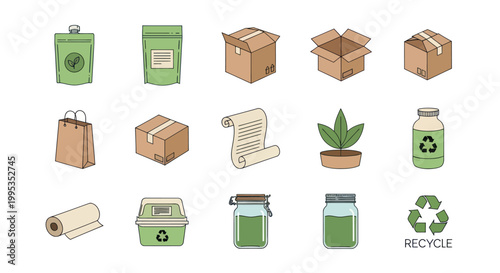 Eco-friendly packaging icons: boxes, bags, jars, plant, recycle symbol, paper roll