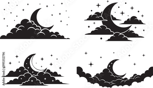 A dreamy nightscape featuring a crescent moon fluffy clouds and sparkling stars in a dark silhouette high quality. Crescent moon fluffy clouds and sparkling stars vector illustration.