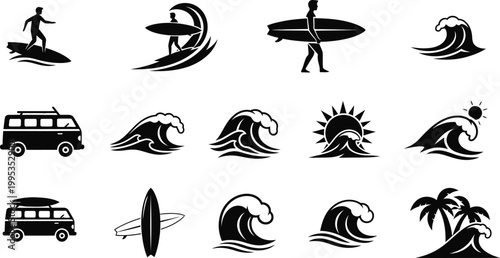 surfing and beach vacation activities flat design vector illustration set