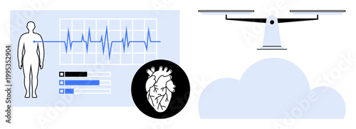 Remote healthcare, cardiology, telemedicine, medical delivery, diagnostics, and data analysis. Human figure, heartbeat graph quadcopter cloud heart diagram. Remote healthcare and cardiology