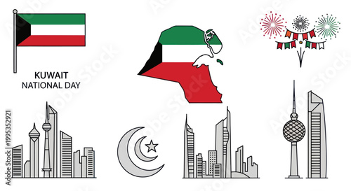 Kuwait National Day Celebration Icons: Flag, Map, Skyline, Fireworks, Crescent Moon
