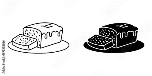 Lemon loaf bread icon set including sliced and whole rectangular cake with icing on plate in outline and solid styles for bakery identity sweet breakfast graphics gourmet food retail presentation.