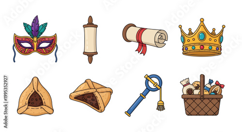 Purim Symbols Collection: Mask, Scroll, Crown, Hamantaschen, Grogger, Gift Basket