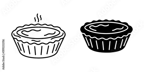 Freshly baked tart or pie icon. delicious sweet dessert with filling vector illustration in outline style and glyph style. homemade pastry with wavy crust.