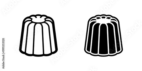 Cannele pastry icon set featuring traditional French Bordeaux dessert in linear and silhouette styles for boutique bakery branding gourmet food graphics specialty cafe menus and pastry projects.