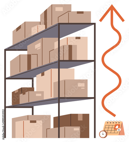 Logistics, inventory management, e-commerce fulfillment, supply chain, business growth, delivery scheduling. Metal shelf stacked with boxes, an upward arrow and a calendar. Logistics and inventory