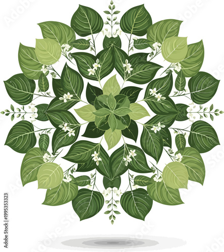 Green Leaves Floral Mandala on White Background