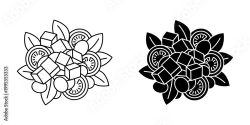 Fresh caprese salad ingredients arranged in circular pattern, outline and solid black vector illustrations showing tomatoes, mozzarella cubes, basil leaves, and olive oil.