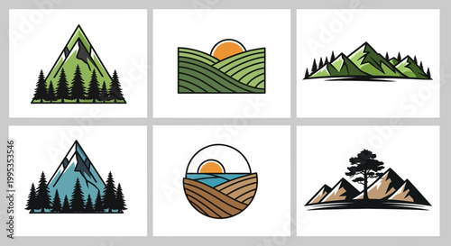 Mountain landscape icons with trees and sun.