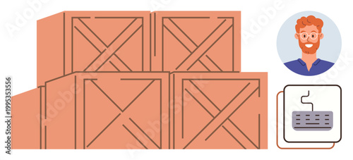Storage logistics, supply chain, inventory systems, virtual interfaces, e-commerce, remote operations. Stacked wooden crates alongside a virtual keyboard and avatar. Storage logistics and inventory