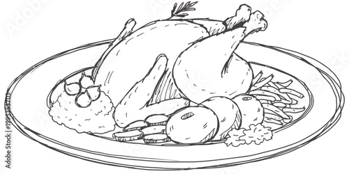 Dinner plate with roasted turkey and side dishes in loose artistic style, presented with savory flavors and warm hues.