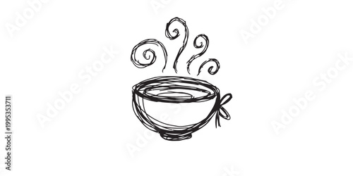 Soup bowl with steam curls and bow detail, simple line art illustration with a classic restaurant aesthetic, isolated on white.