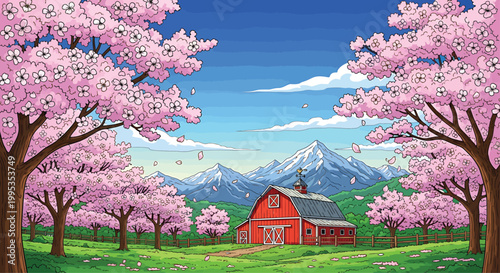 Red Barn Under Cherry Blossom Trees with Mountains