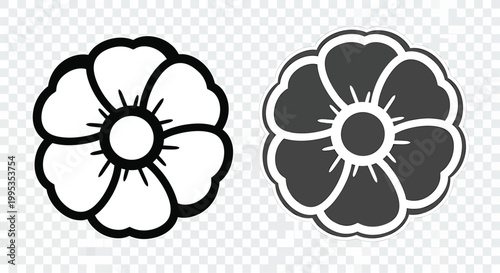 Black and White Flower Icons Isolated on Transparent Background