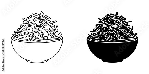 Stir fried noodles with fresh vegetables and shrimp in a bowl vector line and glyph icon set, asian cuisine meal, fast food dish, chinese or japanese.