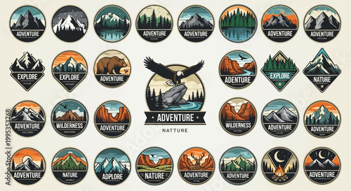 Collection of adventure and nature themed circular badges and labels.