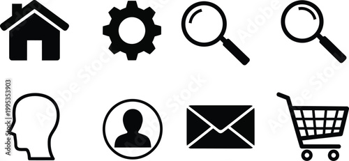 Black Icons of House, Gear, Magnifying Glass and Shopping Cart, Email, and User Profile on White Background