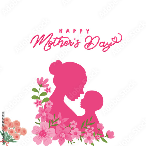 Heartwarming illustration of a loving mother embracing her baby surrounded by beautiful pink flowers, celebrating the profound maternal bond and family affection