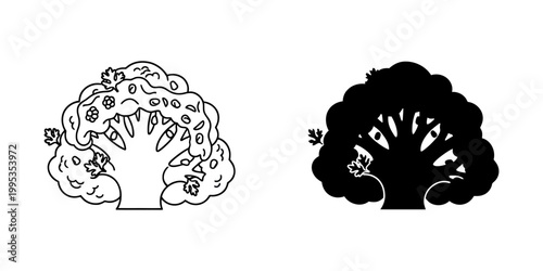 Broccoli florets illustration, outline and solid silhouette styles, healthy green vegetable symbol, natural food icon for healthy eating, culinary ingredient and design element.