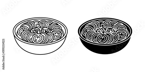 Tomato salad bowl illustration, outline and silhouette styles, sliced tomatoes with herbs, fresh healthy food icon, simple design for meal or side dish, culinary ingredient representation.
