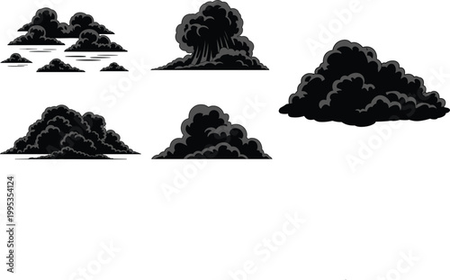 Dark storm clouds collection in bold silhouette style illustrating weather patterns and atmospheric formations