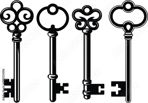 Collection of old fashioned keys with ornate handles illustrating classic lock and key concept