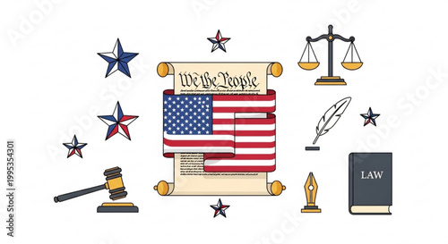 Us constitution scroll with judge gavel and scales of justice vector